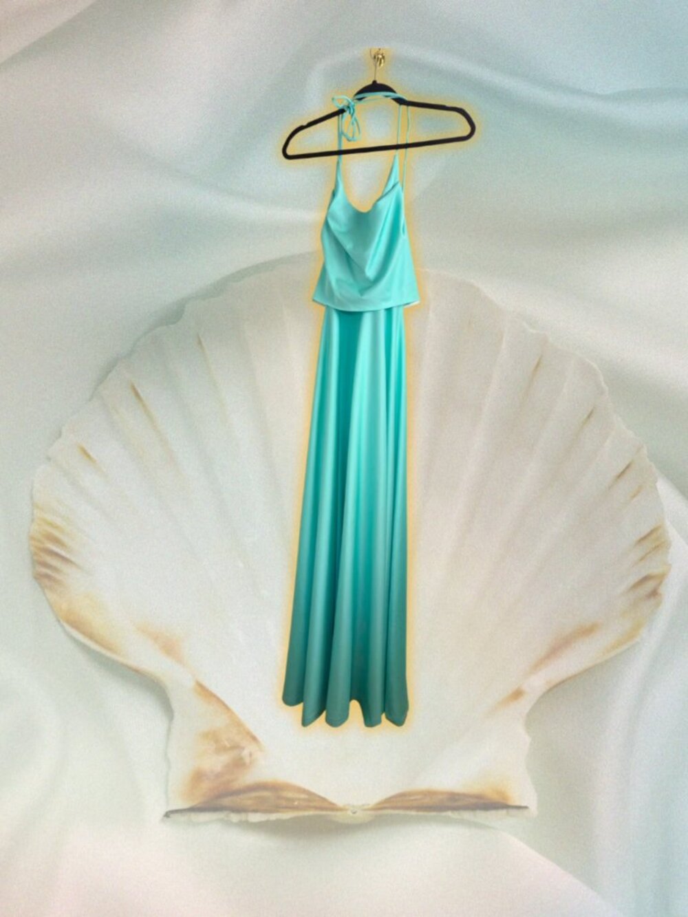 Pretty Tall Netherlands Aqua Cowl Neck Halter Satin Maxi Dress Fits S/M